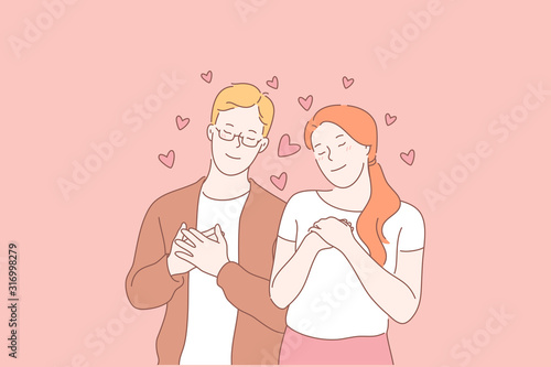 Family, love, relationship concept. Young merry couple has tender sweet relationship. Girlfriend loves her lovely boyfriend very much. All happy families start from huge love. Simple flat vector