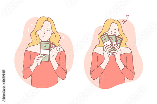 Business, success, moneymaker, profit set concept. Young successful businesswoman made good deal and enjoys big profit. Young girl is real moneymaker and knows a lot about business. Simple flat vector
