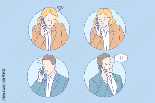 Communication, negotiation, good news, bad news set concept. Young business man got good news. Young businesswoman got bad news. Boy and girl communicate, negotiate with each other. Simple flat vector