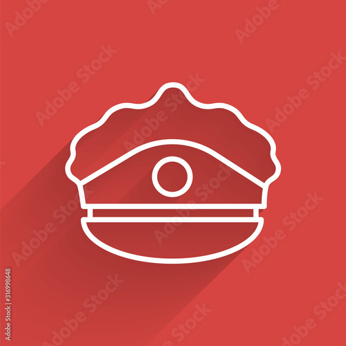 White line Police cap with cockade icon isolated with long shadow. Police hat sign. Vector Illustration