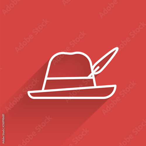 White line Oktoberfest hat icon isolated with long shadow. Hunter hat with feather. German hat. Vector Illustration