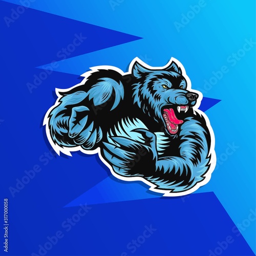 An illustration of a werewolf wolf man, or wolf sports mascot character 