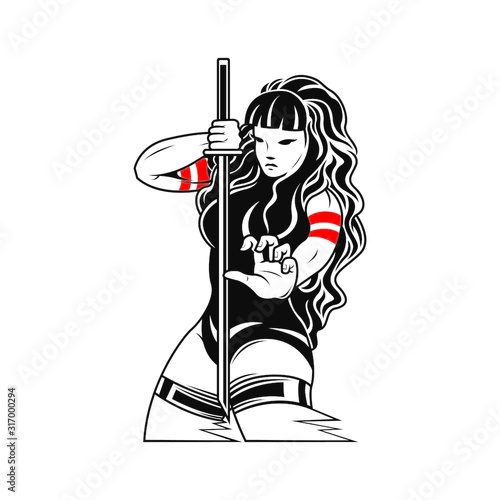The girl with katana sword. Vector flat and linear Illustration .Web banners, advertisements, brochures, business templates. on a white background.