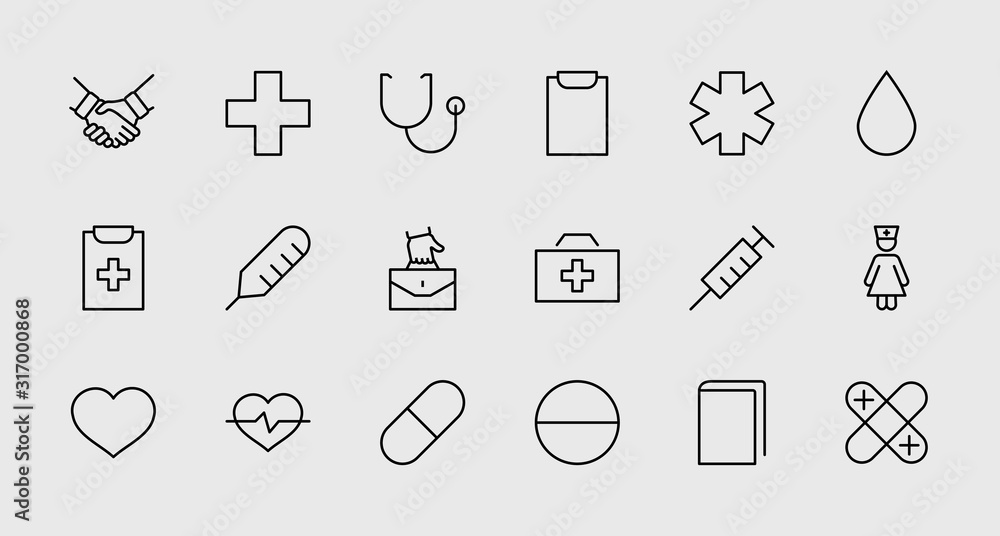 Set of Medicine vector line icons. It contains the first aid kit, nurse, syringe, thermometer, plastic, pills, heart, drop of blood, palpitation and much more. Editable Stroke. 32x32 pixels. Set of Medicine vector line icons. It contains the first aid kit, nurse, syringe, thermometer, plastic, pills, heart, drop of blood, palpitation and much more. Editable Stroke. 32x32 pixels.
