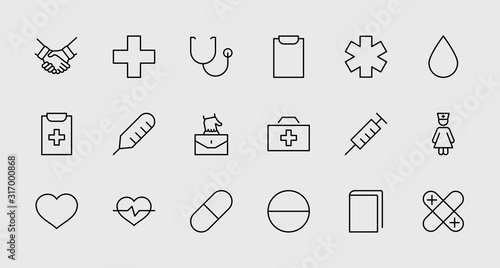 Set of Medicine vector line icons. It contains the first aid kit, nurse, syringe, thermometer, plastic, pills, heart, drop of blood, palpitation and much more. Editable Stroke. 32x32 pixels.