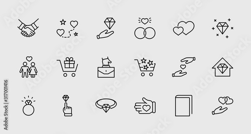 International Jeweler Day Set Line Vector Icons. Contains such Icons as Love, Heart, Hand, Family, Wedding Rings, Diamond, Jewelry store, Gift, Basket and more. Editable Stroke. 32x32 Pixel Perfect