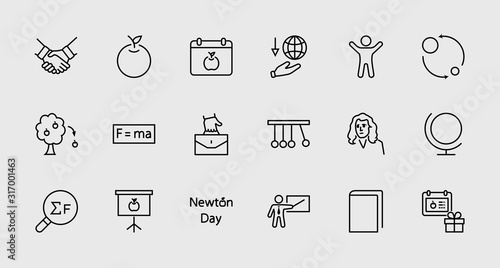 Newton's Day Set Line Vector Icon. Contains such Icons as Newton, Laws of physics and gravity, Flying Apple, Calendar, Teacher, blackboard and projector Editable Stroke. 32x32 Pixel Perfect