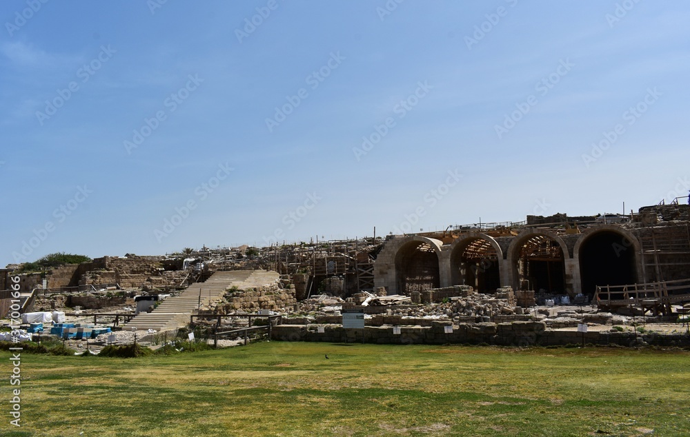 Ruins of the ancient city port of Caesarea. Caesarea was a Roman city named after the Caesar and built by King Herod the Great.