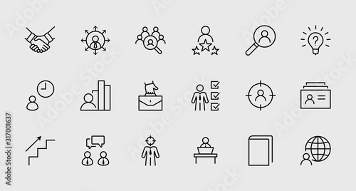 Set of Head Hunting Related Vector Line Icons. Contains such Icons as Career growth, Bulb, Candidate, Search, CV, Card Index, Outsource and more. Editable Stroke. 32x32 Pixel Perfect