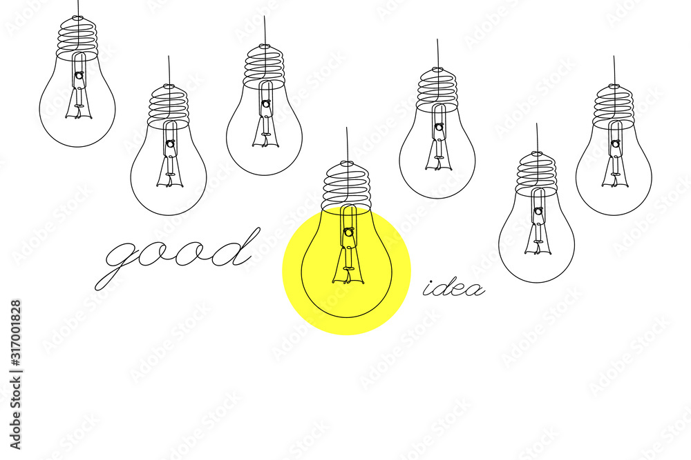 Luminous light bulbs. Linear signs in one continuous line. Isolated vector elements on a white background. .The concept of insight, inspiration, answers to questions and faq, good idea. Luminous light bulbs. Linear signs in one continuous line. Isolated vector elements on a white background. .The concept of insight, inspiration, answers to questions and faq, good idea.