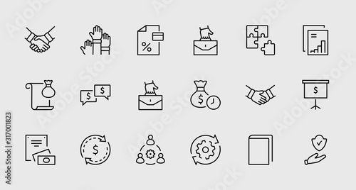 Set of Business Cooperation Vector Line Icons. Contains such Icons as Puzzle, Partnership, Money, Handshake, Dollars, Team, Synergy, Work, Interaction and more.Editable Stroke. 32x32 Pixel Perfect.