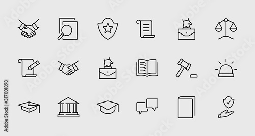 Set of Law and justice Vector Line Icons. Contains such Icons as weapon, arrest, authority, courthouse, gavel, legal, weapon and more. Editable stroke. 32x32 Pixels