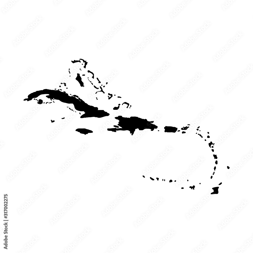 Caribbean islands map vector, isolated on white background. Black map template, flat earth.  Simplified, generalized world map with round corners. - obrazy, fototapety, plakaty 