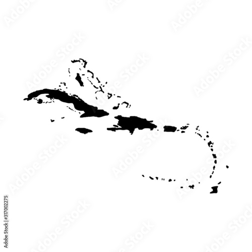 Caribbean islands map vector, isolated on white background. Black map template, flat earth.  Simplified, generalized world map with round corners.