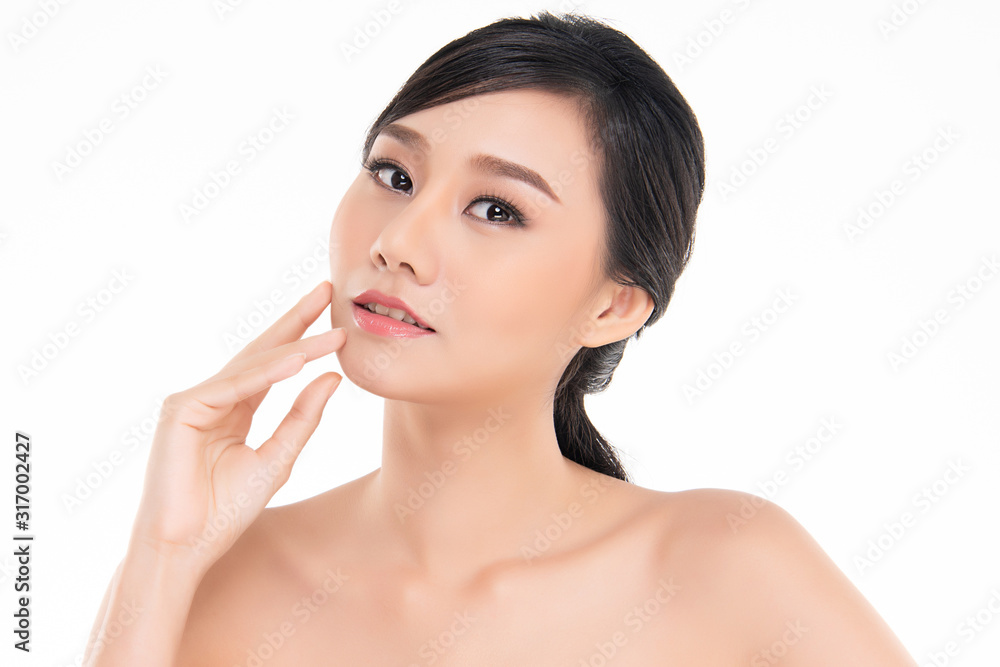Portrait beautiful young asian woman clean fresh bare skin concept. Asian girl beauty face skincare and health wellness, Facial treatment, Perfect skin, Natural make up, on white background,two Portrait beautiful young asian woman clean fresh bare skin concept. Asian girl beauty face skincare and health wellness, Facial treatment, Perfect skin, Natural make up, on white background,two