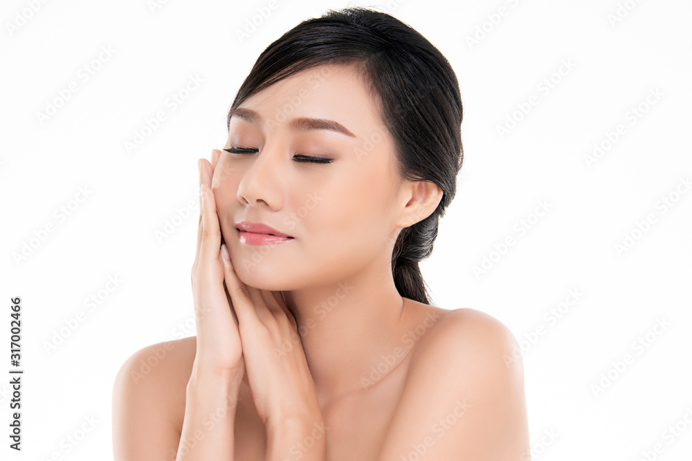 Portrait beautiful young asian woman clean fresh bare skin concept. Asian girl beauty face skincare and health wellness, Facial treatment, Perfect skin, Natural make up, on white background,two Portrait beautiful young asian woman clean fresh bare skin concept. Asian girl beauty face skincare and health wellness, Facial treatment, Perfect skin, Natural make up, on white background,two