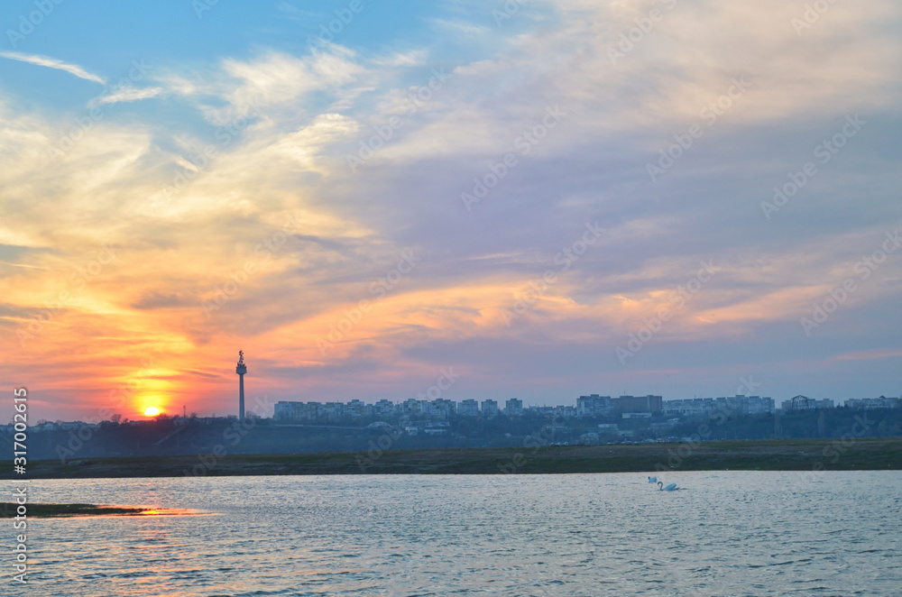 Sunset On Galati City And Danube