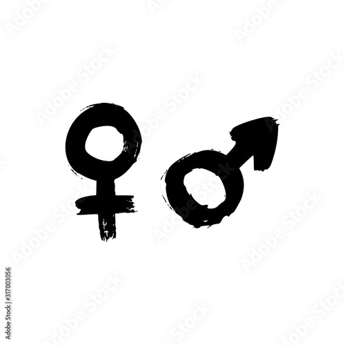 Gender signs of ink brushstrokes. Vector grunge symbol of Venus and Mars. Dirty textures of male and female icons.