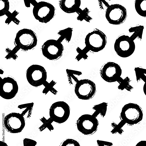 Signs of gender seamless pattern of brushstrokes. Vector monochrome grunge texture from the symbols of Venus and Mars.