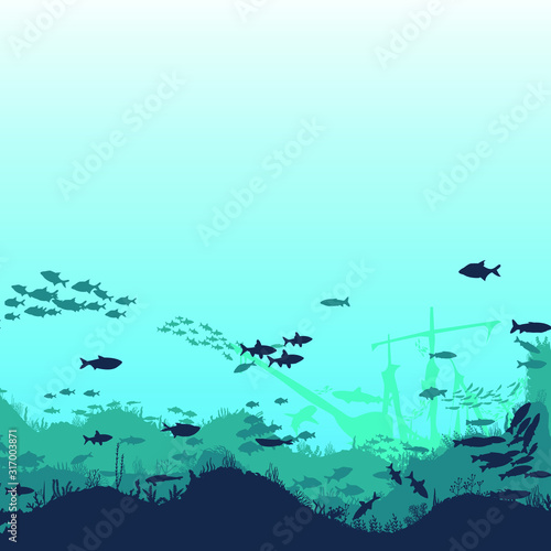 Silhouette of fish and algae on a reef background. Underwater scene of the ocean. Deep blue water, coral reef and underwater plants. beautiful underwater scene; vector landscape with a reef.