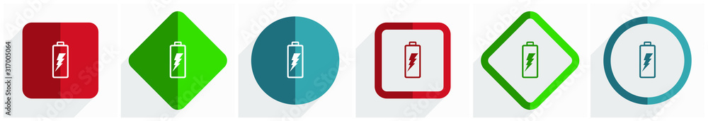 Fototapeta premium Battery icon set, flat design vector illustration in 6 options for webdesign and mobile applications in eps 10