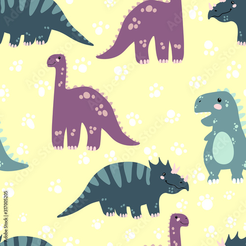 Vector seamless pattern with cute dinosaurus in flat cartoons style. Childish repeated background with funny dinosaurs in kids doodle style.