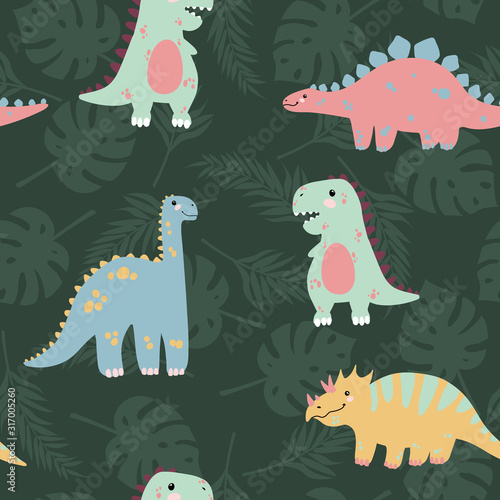 Vector seamless pattern with cute dinosaurus with tropicals leaves on stripes background in flat cartoons style. Childish repeated background with funny dinosaurs in kids doodle style.