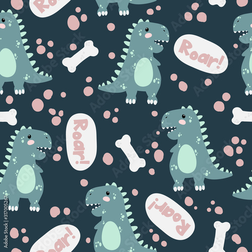 Vector seamless pattern with cute dinosaurus with bone and text roar in flat cartoons style. Childish repeated background with funny dinosaurs in kids doodle style.