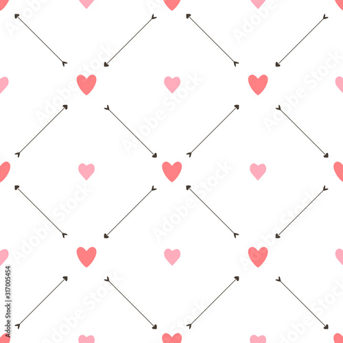 Valentine seamless pattern with hearts and arrows on white background. For wallpaper, gift and wrapping paper, greeting card and wedding invitations, textile, fabric, linen, pajamas, web page.