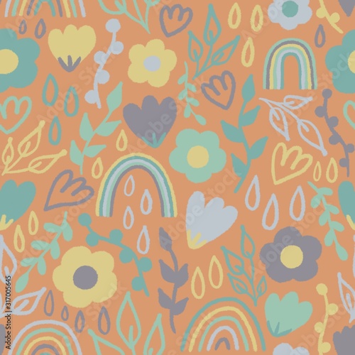 Hand drawn cute seamless pattern. Gentle spring/summer in doodle style with flowers, branches and rainbows. Illustration in pastel colors.