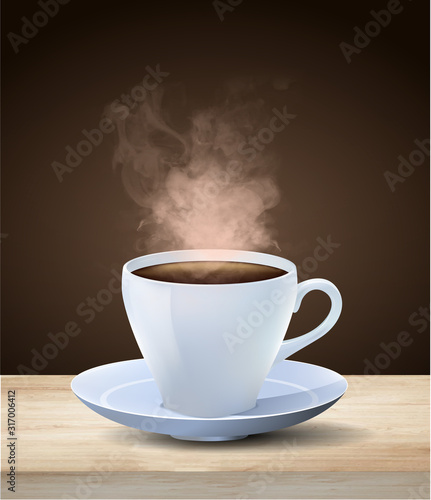 Hot steaming cup of espresso coffee in a generic white cup and saucer on a wooden table over a dark brown background, colored vector illustration