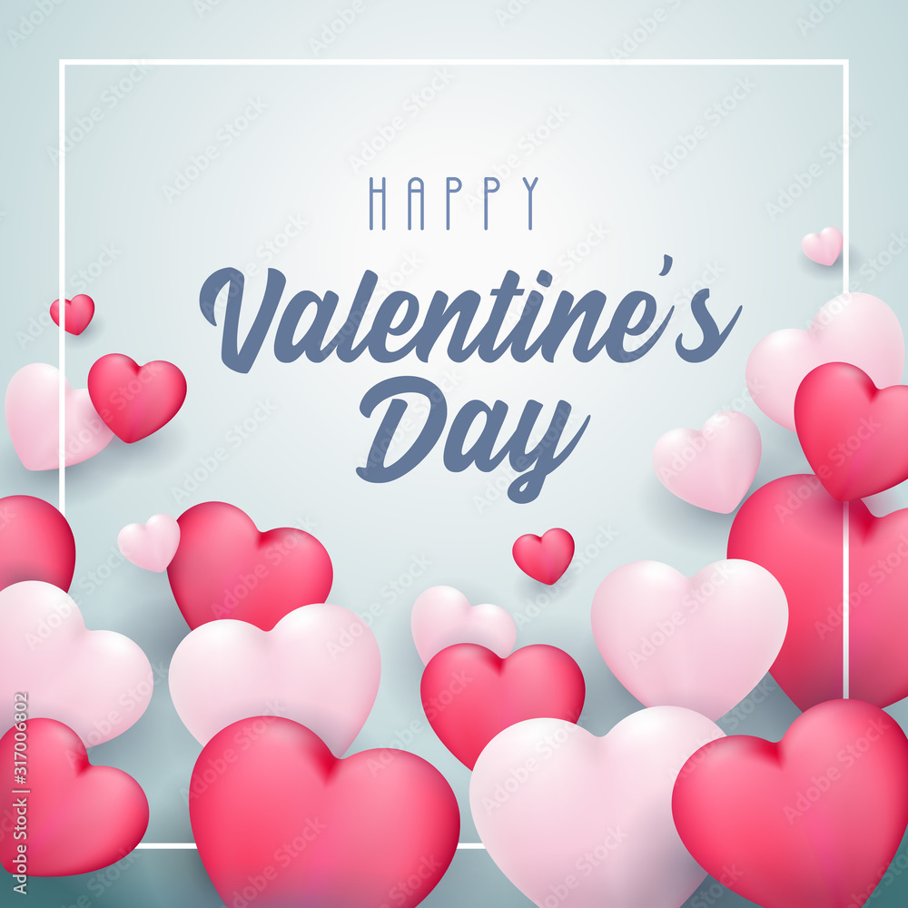 Happy Valentine's Day Banner 3D Heart Background. White, Pink, Blue. Postcard, Love Message or Greeting Card. Template, Illustration Ready For Your Design, Advertising. Vector Illustration.