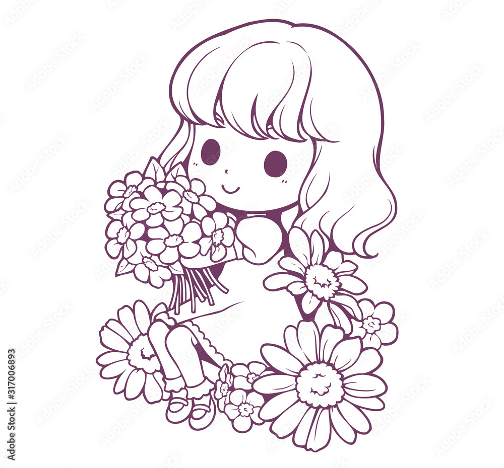 Obraz premium Little girl and flower. Doodle hand drawn. vector illustration. Kawaii character design. Cartoon vector illustration isolated. Apparel fashion print. Coloring book. Sticker and tattoo.