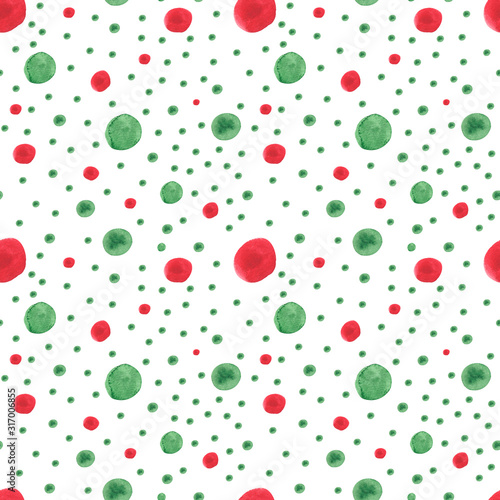 Watercolor abstract dots and spots seamless pattern on white background. Perfect for fabric, textile, wrapping papper. Green and red color. Watermelon pattern collection. 