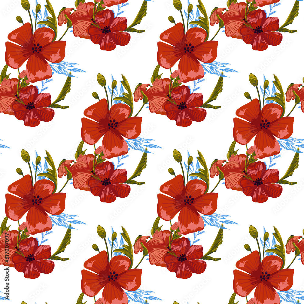 Fototapeta premium seamless pattern simple red poppies. Scattered red flowers vector pattern background