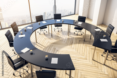 Top view furnished conference room with round table, chairs and large window overlooking the city. 3D Rendering © Pixels Hunter
