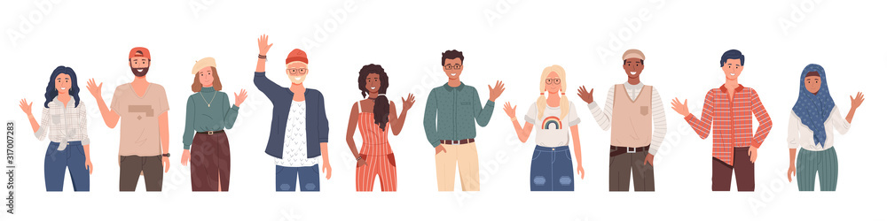 Multicultural students group, international people waving vector. Young girls and boys of al races and nationalities isolated characters. Happy teenagers in casual clothes, youth. Different nations Multicultural students group, international people waving vector. Young girls and boys of al races and nationalities isolated characters. Happy teenagers in casual clothes, youth. Different nations