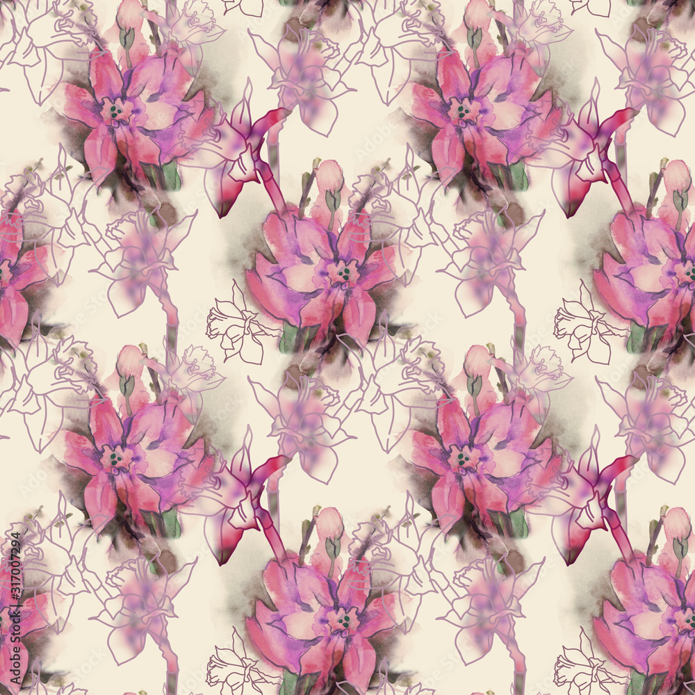 Daffodil Seamless Pattern. Waterolor Background.