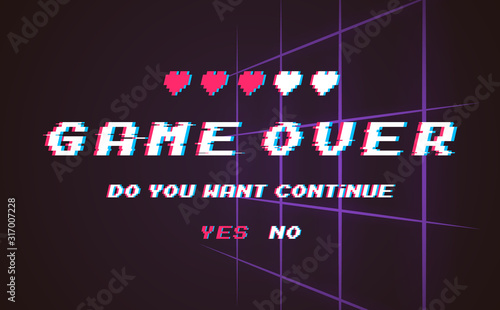 Game over vector pixel background, texture damage. Effect glitch error with text. Game design. Final scene.