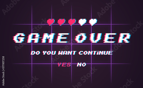 Game over vector pixel background, texture damage. Effect glitch error with text. Game design. Final scene.