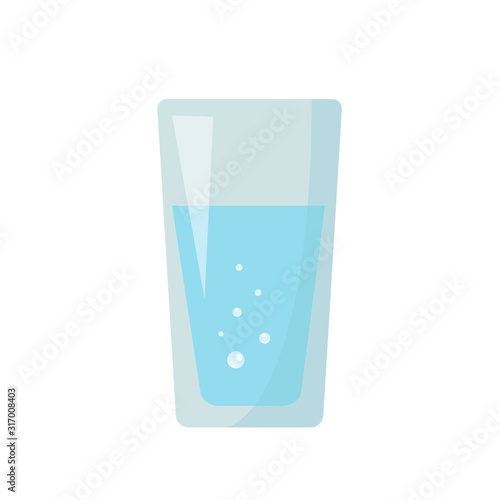 transparent glass of blue water with bubbles on white background. flare on glass