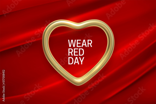 National wear red day. Vector holiday illustration of golden heart frame on red fabric background. Awareness day of women heart desease prevention. Medical cardiology concept. Healthcare banner design