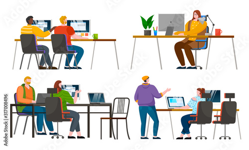 Four picture of team working process. Manager speak with office worker, men and women work on laptops and computers. Colleagues and teammates talking about work. Vector illustration of coworking