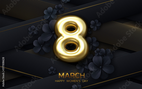 8 March. International women day. Vector holiday illustration. Golden realistic number eight on black textured woven paper layers background with flowers. Festive poster design. Feminism concept