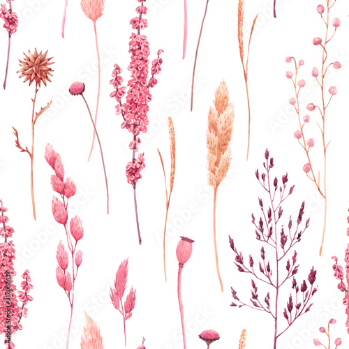 Beautiful vector seamless pattern with watercolor herbarium wild dried grass in pink and yellow colors. Stock illustration.