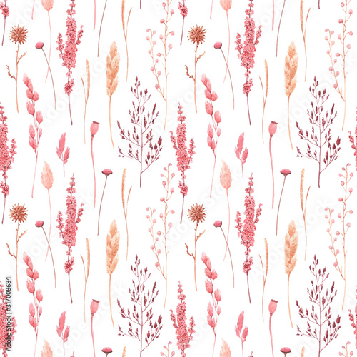 Beautiful vector seamless pattern with watercolor herbarium wild dried grass in pink and yellow colors. Stock illustration.