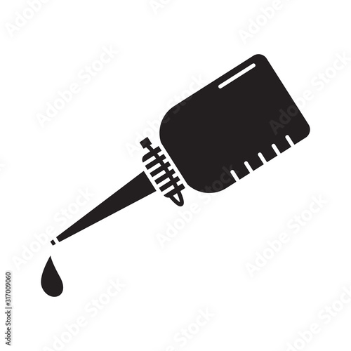 Cutout silhouette Inclined oiler with dripping drop of lubricating oil. Outline icon of gear lubrication. Black illustration. Flat isolated vector on white background. Bottle with glue, gel, paint