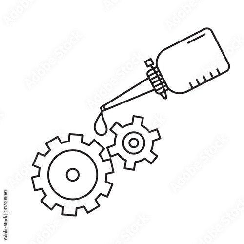 Oiler with dripping drop of oil lubricating two spinning gears. Linear icon of motor oil. Black simple illustration. Contour isolated vector image on white background. Bottle grease mechanism