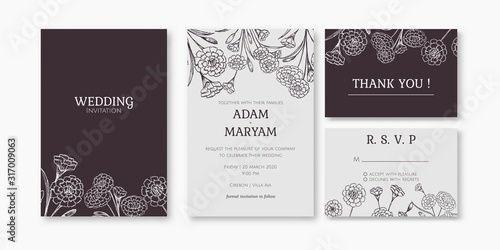 set modern floral outline hand drawn luxury wedding invitation design or card templates for wedding or fashion or greeting with carnation flower texture elegant background bundle vector illustration