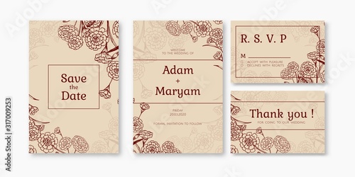 set modern floral outline hand drawn luxury wedding invitation design or card templates for wedding or fashion or greeting with carnation flower texture elegant background bundle vector illustration